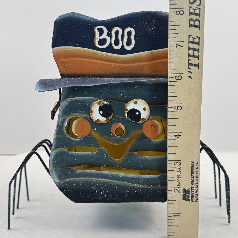 Halloween Metal Spider Tealight Candle Holder 9"x8" "Boo" Hat Spooky Glow Black - Picture 6 of 13